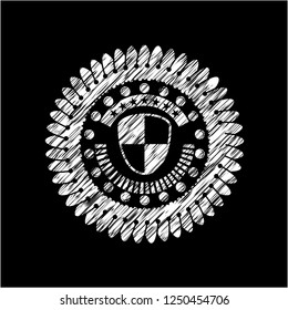 shield, safety icon inside chalkboard emblem written on a blackboard