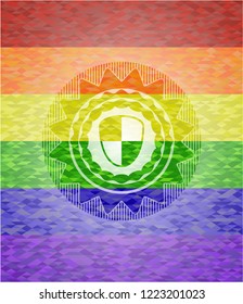 shield, safety icon inside emblem on mosaic background with the colors of the LGBT flag