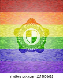 shield, safety icon inside emblem on mosaic background with the colors of the LGBT flag
