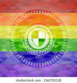 shield, safety icon inside emblem on mosaic background with the colors of the LGBT flag