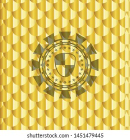 shield, safety icon inside gold shiny badge. Scales pattern. Vector Illustration. Detailed.
