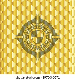 shield, safety icon inside gold emblem or badge. Scales pattern. Vector Illustration. Detailed. 