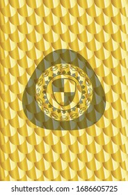 shield, safety icon inside golden emblem. Scales pattern. Vector Illustration. Detailed.