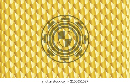 shield, safety icon inside golden badge or emblem. Scales pattern. Vector Illustration. Detailed. 