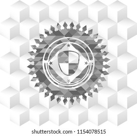 shield, safety icon inside grey badge with geometric cube white background