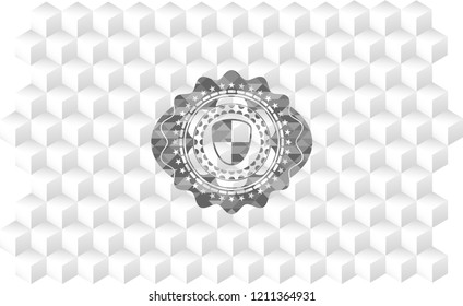 shield, safety icon inside grey badge with geometric cube white background