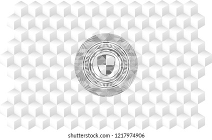 shield, safety icon inside grey emblem with geometric cube white background