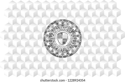 shield, safety icon inside grey badge with geometric cube white background