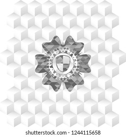shield, safety icon inside grey badge with geometric cube white background