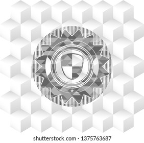 shield, safety icon inside grey emblem with geometric cube white background
