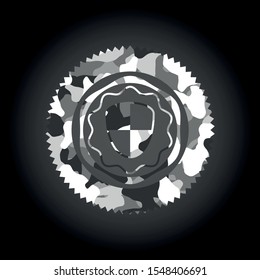 shield, safety icon inside grey camouflage texture