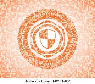 shield, safety icon inside orange tile background illustration. Square geometric mosaic seamless pattern with emblem inside.