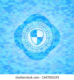shield, safety icon inside realistic sky blue emblem. Mosaic background