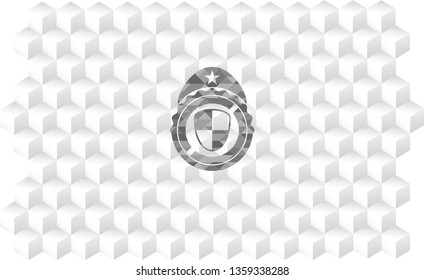 shield, safety icon inside realistic grey emblem with geometric cube white background