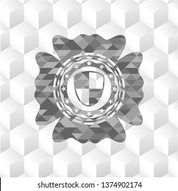 shield, safety icon inside realistic grey emblem with geometric cube white background