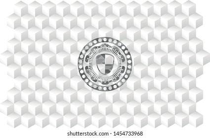 shield, safety icon inside realistic grey emblem with cube white background