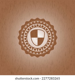 shield, safety icon inside realistic wooden emblem. 