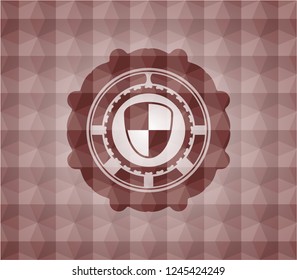 shield, safety icon inside red seamless emblem with geometric pattern background.