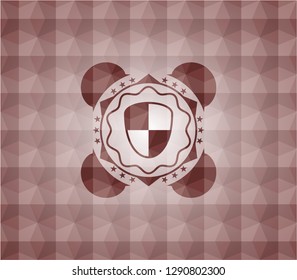 shield, safety icon inside red emblem or badge with abstract geometric pattern background. Seamless.