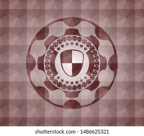 shield, safety icon inside red badge with geometric pattern. Seamless.