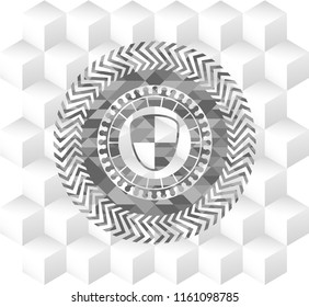 shield, safety icon inside retro style grey emblem with geometric cube white background