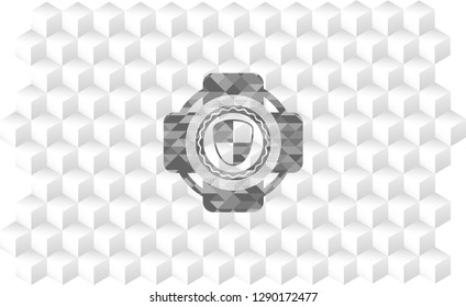 shield, safety icon inside retro style grey emblem with geometric cube white background