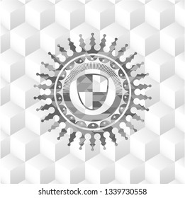 shield, safety icon inside retro style grey emblem with geometric cube white background