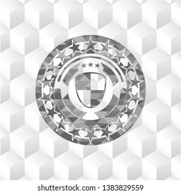 shield, safety icon inside retro style grey emblem with geometric cube white background