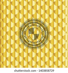 shield, safety icon inside shiny golden emblem. Scales pattern. Vector Illustration. Detailed.