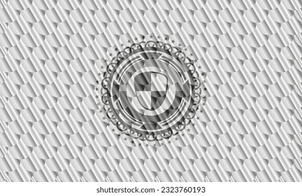 shield, safety icon inside shiny silver badge. Scales pattern. Vector Illustration. Detailed. 