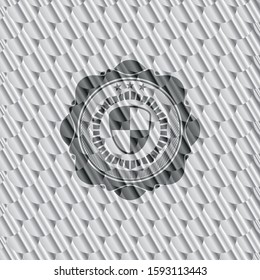 shield, safety icon inside silver badge. Scales pattern. Vector Illustration. Detailed.