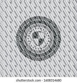 shield, safety icon inside silver emblem. Scales pattern. Vector Illustration. Detailed.