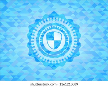 shield, safety icon inside sky blue emblem with mosaic background