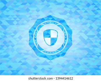 shield, safety icon inside sky blue emblem. Mosaic background