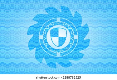 shield, safety icon inside sky blue water wave style emblem. 