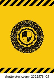 shield, safety icon inside warning sign, black grunge emblem. Vector Illustration. Detailed. 