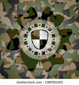 shield, safety icon on camo pattern