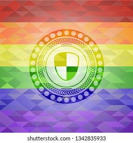 shield, safety icon on mosaic background with the colors of the LGBT flag