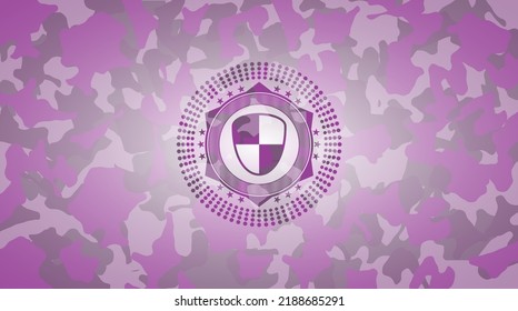 Shield, Safety Icon On Pink Camo Pattern. 