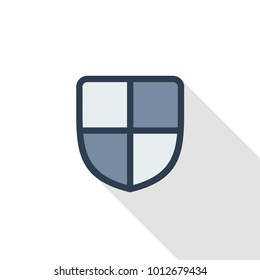 Shield, safety and protection thin line flat color icon. Linear vector illustration. Pictogram isolated on white background. Colorful long shadow design.