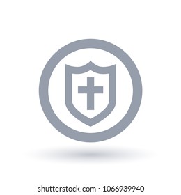 Shield of salvation icon. Armor of God symbol. Christian church faith sign with cross and protective guard in circle outline. Vector illustration.