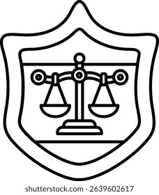 A shield with a scale of justice on it. The shield is black and white. The scale of justice is a symbol of fairness and balance