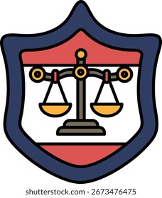 Un escudo con una escala de justicia. El escudo es azul y rojo
