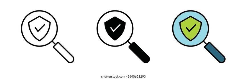 Shield search icon, black stroke, magnifying glass with shield, isolated on white background