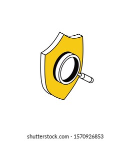 Shield search magnifier. Vector 3d isometric, color web icon, new flat style. Creative illustration design, idea for infographics.