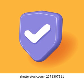 Shield secure check mark 3d icon vector render graphic, cyber safety tick checkmark as insurance safeguard guarantee guard, virtual warranty quality approved symbol modern design image clipart