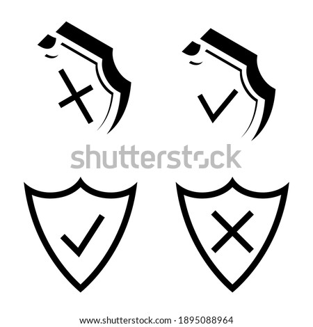 Shield security. Armor plate. Security and protection outline icons. Check mark icons. Symbols of check tick and reject are located on the shields. Symbols of approving and declining. Vector

