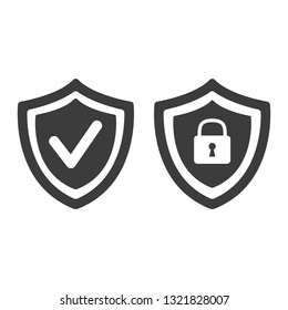 Shield with security and check mark icon on white background. Vector illustration
