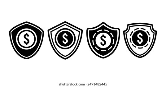 escudo de seguridad con moneda de dinero símbolo del ícono del dólar diseño del Vector color blanco negro ilustración simple conjunto de colección