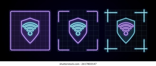 Shield security connection illustration, cyber neon visual, glowing border grid vector.